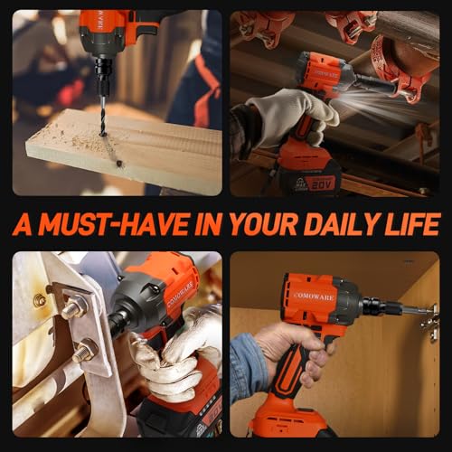 COMOWARE 650N.m (480 ft-lbs) Cordless Impact Wrench, 1/2" Brushless High Torque Impact Gun, 20V 4.0Ah Battery & Fast Charger, 6 Sockets w/case, 3-Speed Control (0-3000RPM), Gift for Dad
