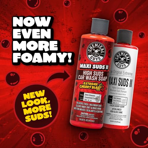 Chemical Guys CWS_101 Maxi-Suds II Foaming Car Wash Soap (Works with Foam Cannons/Guns or Bucket Washes) Safe for Cars, Trucks, Motorcycles, RVs & More, 128 fl oz (1 Gallon), Cherry Scent - size: 128 Fl Oz (Pack of 1), style: Cherry