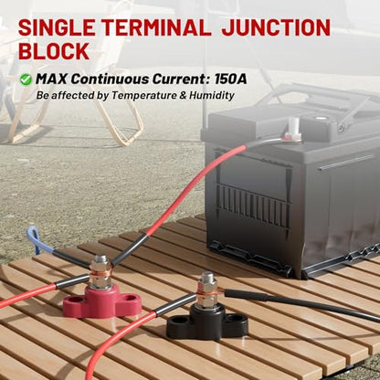 RED WOLF 12V 150A Power Distribution Block 5/16" Single Stud Busbar M8 Terminal Bus Bar 12 Volt DC Battery Junction Post for Auto Boat Marine Solar System Positive and Negative (2PC) - size: Single M8 Stud