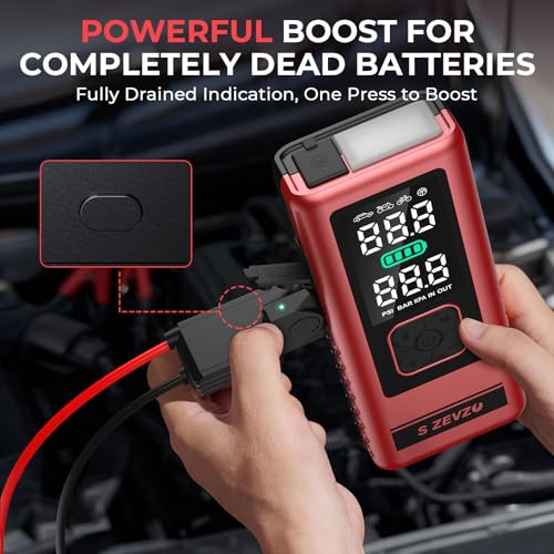 S ZEVZO Car Jump Starter with Air Compressor, 4000A 150PSI Jump Box Battery Pack(6.0 Gas/4.0L Diesel), Portable 12V Jump Box with Auto-Shutoff Tire Inflator, USB Ports, LCD Display & LED Light