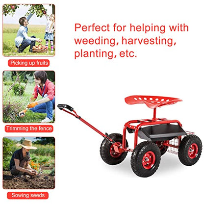 Kinfant Rolling Garden Cart Scooter Stool - Garden Cart with Wheels & Seat, Adjustable Handle 360 Degree Swivel (Red) - color: Red