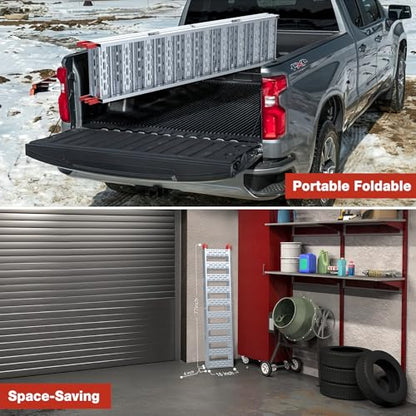 Aluminum Tri-Folding Truck Ramps 1600Lbs Max, Loading Ramps for Pickup Trucks Bed, Trailers Ramp with Load Straps for ATV/UTV, Sweeper Machine, Golf Carts, Touring Motorcycles, Small Tractor
