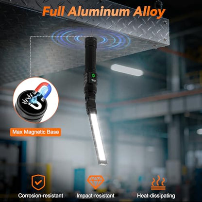 2Pack Magnetic Rechargeable LED Work Light/Flashlight for Mechanics | All Aluminum, 1500 High Lumens, Digital Display, 7 Modes, 360° Rotation, for Car Repairing, Emergency, Gifts for Father - size: 2Pack
