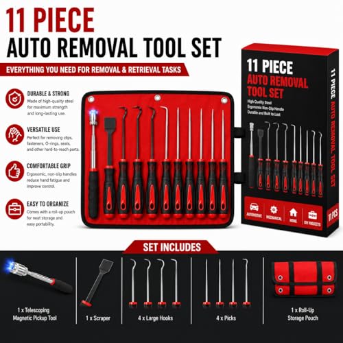 11-Piece Automotive Hook and Pick Set – Precision Pick Tool Kit with Magnetic Pickup Tool, Trim Remover & Storage Pouch for O-Rings, Seals, Hoses, Clips and Auto Repair