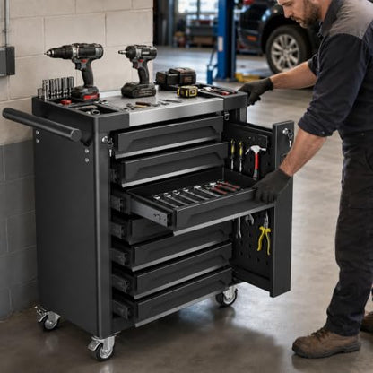 7-Drawer Rolling Tool Chest, Tool Box Lockable Metal Tool Cabinet with Side Storage Cabinet, Ball Bearing Slides Steel Organizer,Heavy-Duty Powder-Coated Tool Cart for Garage Workshope, Black - size: 7 Drawers- Black