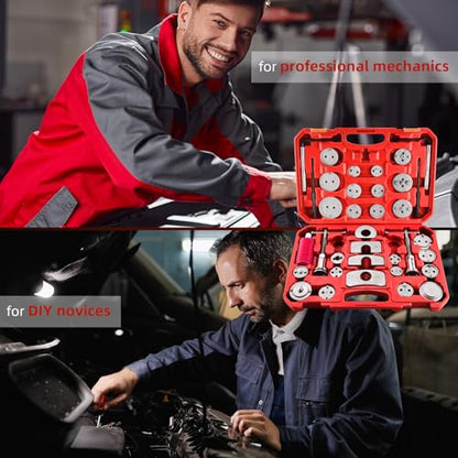 8MILELAKE 35pcs Disc Brake Caliper Tool Kit, Heavy Duty Disc Brake Piston Caliper Compressor Rewind Tool for Brake Pad Replacement, Fits Most American, European, Japanese Autos (Red) - color: Red