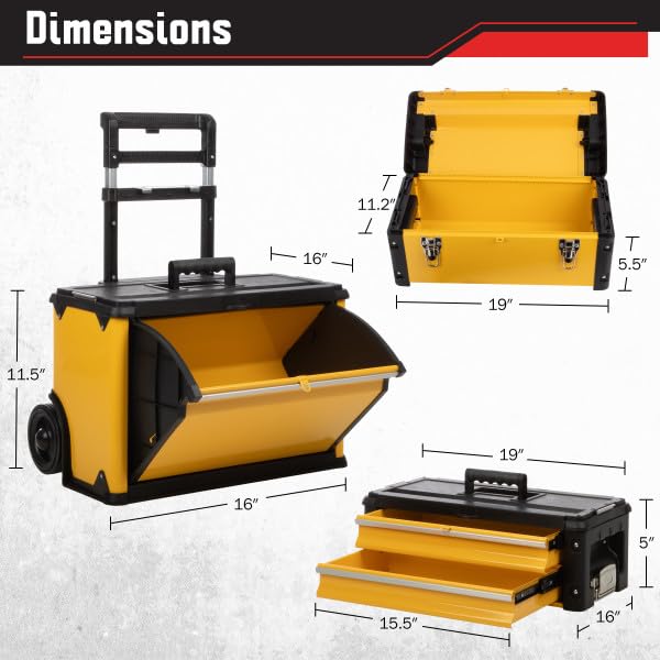 Rolling Tool Box with Wheels - Stackable Tool Box Organizer - Portable Metal Toolbox Tool Chest with Drawers for Garage Workshop by Stalwart (Yellow)