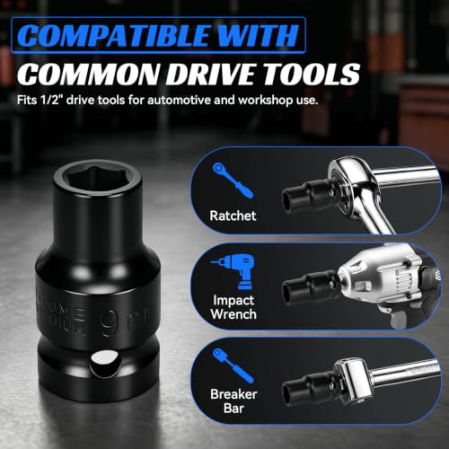 2PCS 9mm Impact Socket 1/2" Drive, 6 Point Metric Shallow Socket, CR-V Steel Heavy Duty Impact Wrench Socket for Automotive Repair - size: 9mm