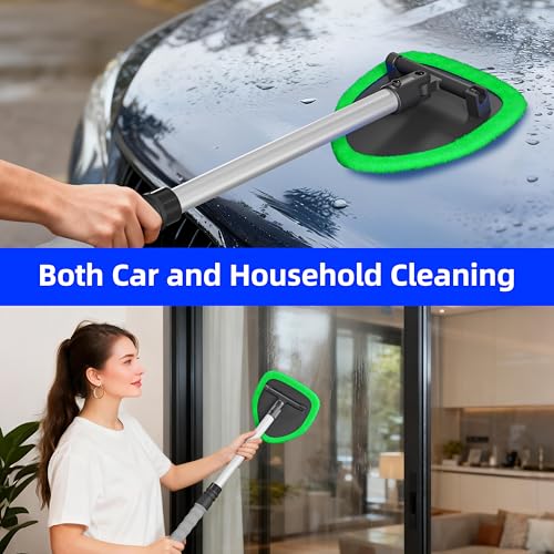 Windshield Cleaner Tool with Extendable Aluminum Handle (Up to 19.7"), Streak-Free Auto Glass Cleaning Kit with 4 Thick Microfiber Pads & Spray Bottle, Inside Window Defogger Accessories - color: Green