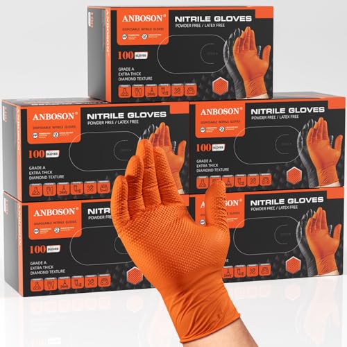 ANBOSON 10 Mil Heavy Duty Industrial Nitrile Gloves, Orange Medium 500 Ct | 500 Ct Diamond Texture, Disposable Latex Free Rubber Gloves for Auto Repair,Workshop,Warehouses,Chemical Handling Industrial - color: Orange-500, size: Medium