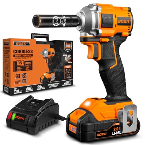 boen 260FT-LBS(350N.m) Cordless Impact Wrench 1/2 inch, Lightweight Brushless Electric Impact Gun, 2500RPM for Home Repair, Includes 2.0Ah Battery×1, Charger, IW-79 - size: 260FT-LBS(350N.m)