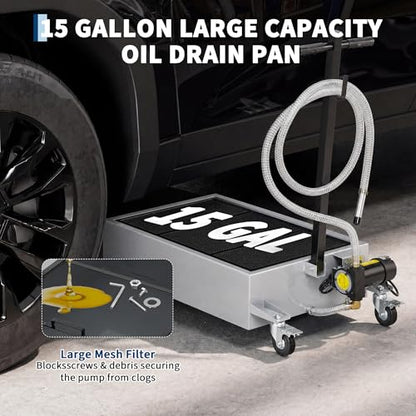 20 Gal Oil Drain Pan with 8.2ft Hose High-Flow Electric Pump | with Electric Pump, Wheels & Folding Handle, Oil Drain Tank for Cars, SUVs, Trucks, Buses, RVs - color: National Flag-Silver, size: 20 Gal with Electric Pump