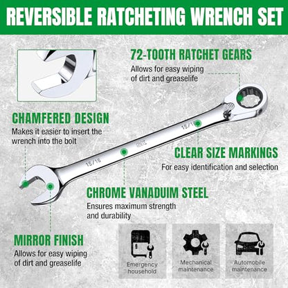 SK Reversible Ratcheting Wrench Set, Combination Wrench Set, 13-Piece, SAE 1/4" to 1", 72-Tooth, Premium CR-V Construction, with Rack Organizer - size: 6.35-25.4 mm