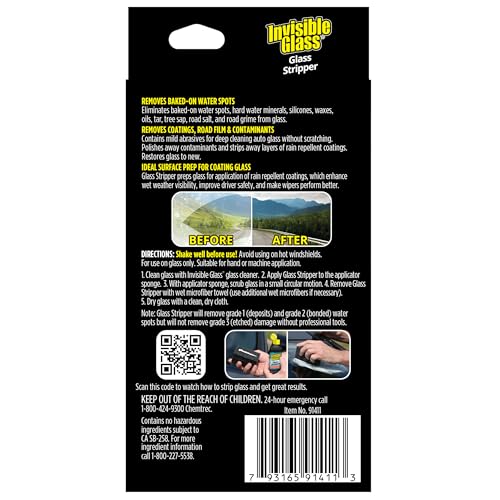 Invisible Glass 91411 Glass Stripper – Hard Water Spot Remover – Strips Coatings, Waxes, Oils & Road Film – Preps Windshields for Rain Repellent & Ceramic Coating, 4 Fl Oz (Pack of 2) - size: 4 Fl Oz (Pack of 2)