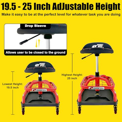 Rolling Stool with Red Wheels, Heavy Duty Garage Work Mechanic Rolling Shop Stool with Backrest, Adjustable Height 360°Swivel Roller Mechanic Chair with 2 Tool Trays, 330 LBS Capacity - color: Red Stool With Red Casters