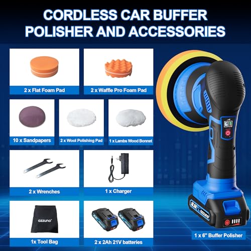 Cordless Car Buffer Polisher, 2x2Ah 21V Batteries 6'' Car buffer Waxer Kit, 6 Variable Speed 5500RPM Orbital Polisher, 5 Kinds Pads Polisher for Car Detailing, Boat Sanding, Scratch Removing