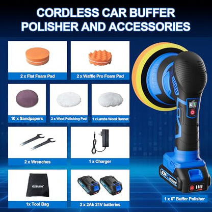 Cordless Car Buffer Polisher, 2x2Ah 21V Batteries 6'' Car buffer Waxer Kit, 6 Variable Speed 5500RPM Orbital Polisher, 5 Kinds Pads Polisher for Car Detailing, Boat Sanding, Scratch Removing