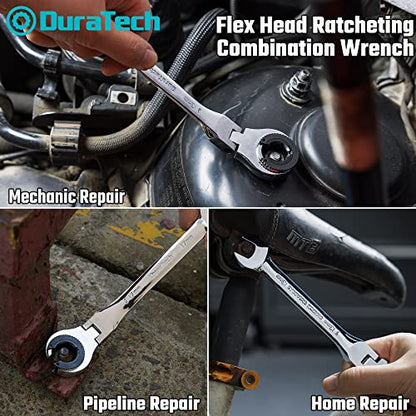 DURATECH 6-Piece Ratcheting Wrench Set with Open Flex-Head, Tubing Wrench | Metric, 10-17mm, 72-Tooth Gear, CR-V Steel, Organizer Bag, Gifts for Men