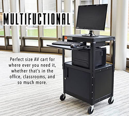 Stand Steady AV Cart with Locking Cabinet, Adjustable Height, UL Certified, Steel Frame, Black - color: Cabinet + Keyboard Tray, size: 24" L x 18" D x 42" H