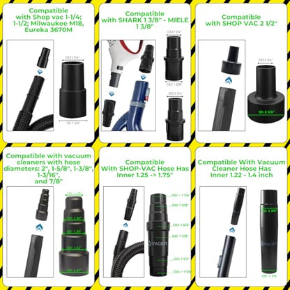 Universal Vacuum Attachments & Brushes Kit - Hardwood Floor Vacuum Brush Head Attachment & Shop-vacs Accessories - Universal Vacuum Hose Adapter Kit & Dryer vent Flexible Crevice Attachment