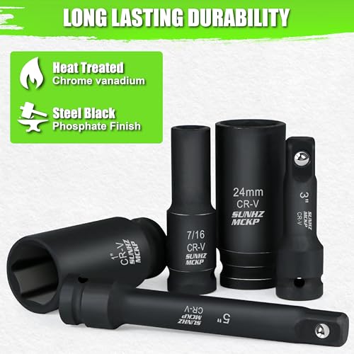SUNHZMCKP 30-Piece 1/2" Drive Impact Socket Set, SAE (3/8"- 1") and Metric (10mm-24mm) Deep Socket Set, Including Impact Extension Bar 3 ", 5", 10" and 1/2" Socket Adapter, 6 Point Design, CR-V - size: 30-Pc 1/2" Drive Impact Socket Set