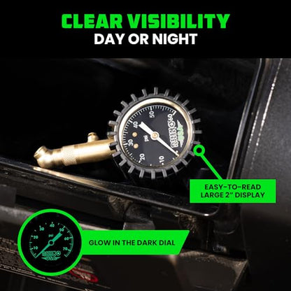 Rhino USA Heavy Duty Tire Pressure Gauge - ANSI Certified Glow Dial | ANSI B40.1 certified accurate, large 2in glow dial, 360° swivel head, solid brass hardware for car & truck tires. - size: 60 PSI Compact