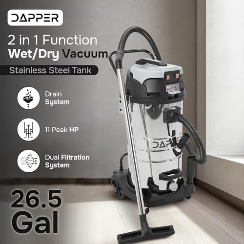 Dapper Supply 26.5 Gallon 11 Peak HP Wet/Dry Vacuum, Stainless Steel Tank, 2 in 1 Function Portable Shop Vacuum with Attachments, Built-in Drain Ideal for Jobsite, Garage & Workshop. - size: 26.5 Gal