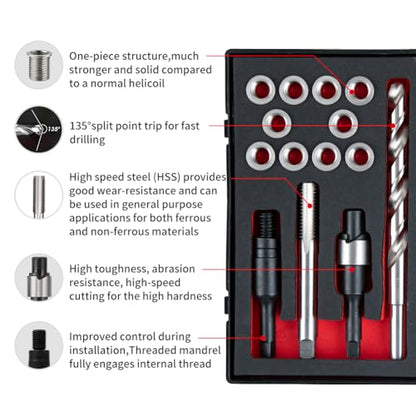 7/16-14 SAE Thread Repair Kit with Insert HSS Drill, Tap, Counterbore, Installation Driver, 10PCS Stainless Steel Insert 7/16-14X0.600 INCH