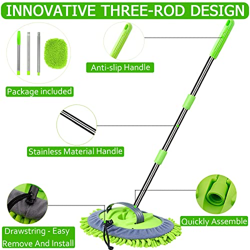 WillingHeart 47.5" Car Wash Brush Mop Cleaning Tool with Long Handle Kit for Washing Detailing Cars Truck, SUV, RV, Trailer, Boat 2 in 1 Chenille Microfiber Sponge Duster Not Hurt Paint Scratch Free - color: Green