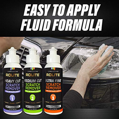Rolite 3 Step Scratch Removal System for Clear Plastic and Acrylic Surfaces - Heavy Cut, Medium Cut and Ultra Fine Combo Set Removes Scratch and Swirl Marks, 3 - 4 Ounce Bottles