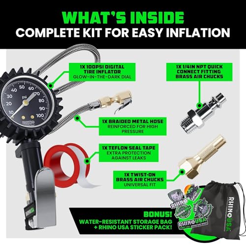 Rhino USA Tire Pressure Gauge with Inflator (0-100 PSI) - Braided Hose | Heavy Duty Air Chuck & Compressor Accessories. Stainless Braided Hose, Large Analog Dial, Solid Brass Hardware. - style: 100psi Analog