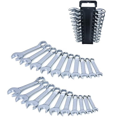 20-Piece Metric and SAE Premium Stubby Combination Wrench Set with Storage Rack | Metric 10mm to 19mm, SAE 5/16” to 7/8”, No Skipped Size | Cr-V Steel, Mirror Chrome Finish, Short Length and Slim Body - size: Metric and SAE Set