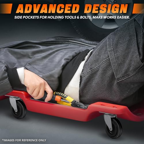 40" Low-Profile Plastic Rolling Mechanic's Floor Creeper with Built-in LED Light, Cushioned Headrest, Dual-Compartment Tool Trays, and Casters CAAP-TOLS-CRP-T2-40-RD