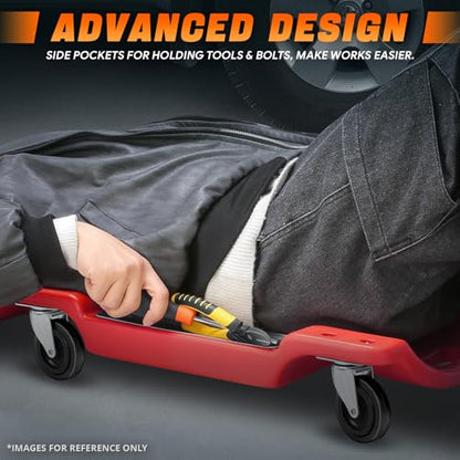 40" Low-Profile Plastic Rolling Mechanic's Floor Creeper with Built-in LED Light, Cushioned Headrest, Dual-Compartment Tool Trays, and Casters CAAP-TOLS-CRP-T2-40-RD