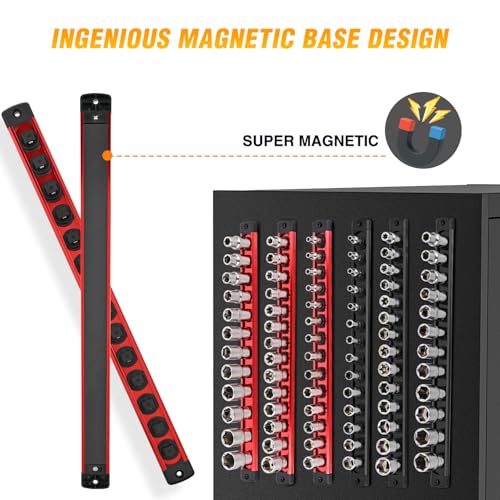 GOOACC Magnetic Socket Organizer 1/4" 3/8" 1/2" Socket Holder Set with 80 360° Swivel Clips Heavy Duty Aluminum Socket Rail Organizer for Tool Box Drawer, 6 Pieces Magnetic Drive Socket Rails Holders - size: Rail Magnetic 6PC 1/4"3/8"1/2" Red Black