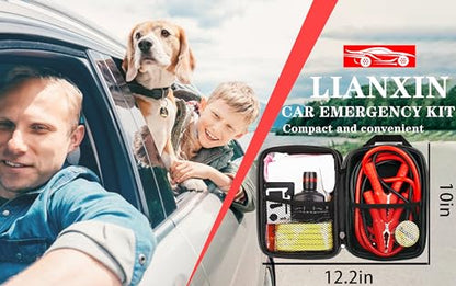 Car Roadside Emergency Kit with Jumper Cables Headlamp Car Safety Kits | Emergency Car Kit Tow Straps, Multi-function Blades, Gloves, Multi-tool Kit, Breakdowns Gifts for New Drivers and Teenagers - color: Blue