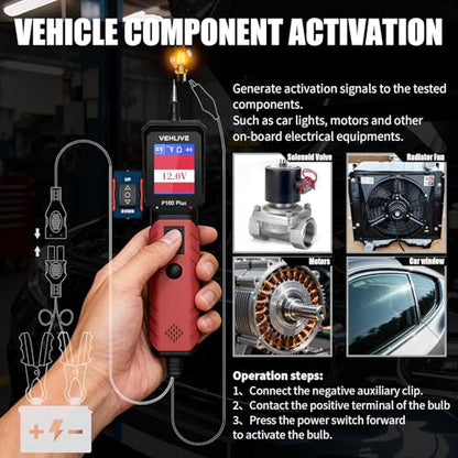 P100 Plus Automotive Power Circuit Probe Tester,12V 24V Car Automotive Diagnostic Test Tool, Digital Volt Ohm Meter W/Overload Protection, Circuit Fault Finder w/ 40FT Cable & Angled Screen