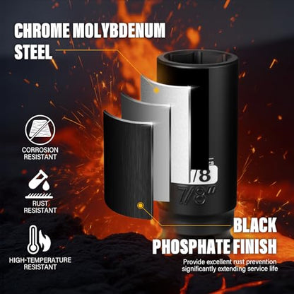 1/2 Inch Drive 7/8 Inch Deep SAE 6 Point CR-MO Impact Socket | Radius Corner Design,Square Chamfered Opening,Axle Nut Impact Grade Socket for Easy Removal - size: 1/2” Drive 7/8 Deep, style: 1/2" Drive Deep Socket