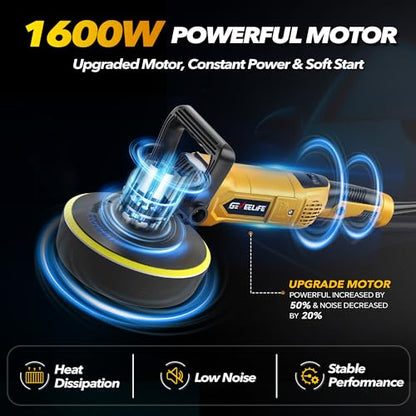 GEVEELIFE Buffer Polisher, 6 Inch/7 Inch 1600W Rotary Car Buffer Polisher Waxer, 7 Variable Speed 1000-3500 RPM, Detachable Handle for Car, Boat Sanding, Polishing, Waxing(Yellow) - color: Yellow