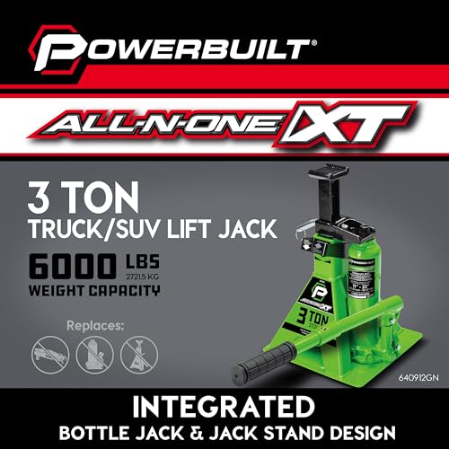 POWERBUILT 3 Ton All-in-One Hydraulic Bottle Jack and Jackstand in One, Compact, Wide Base, 11-21 Inch Range, Eliminates Jackstands, for Trucks, SUVs, RVs, Trailers, ASME, Not for Sedans - 640912 - color: green