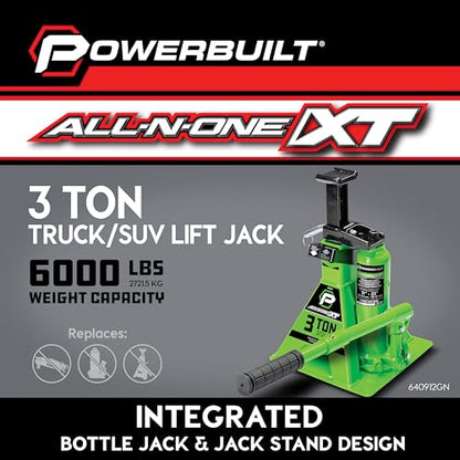 POWERBUILT 3 Ton All-in-One Hydraulic Bottle Jack and Jackstand in One, Compact, Wide Base, 11-21 Inch Range, Eliminates Jackstands, for Trucks, SUVs, RVs, Trailers, ASME, Not for Sedans - 640912 - color: green