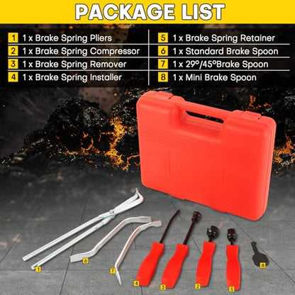 8PCS Drum Brake Tool Kit | Drum Brake Tool, Drum Brake Spring Tool, Universal Brake Spring Tool, Brake Spring Compressor for Automotive Maintenance - color: Red