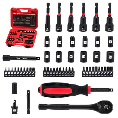54 Piece 1/4" Mini Socket Ratchet Wrench Set, Magnetic Nut Driver Set, Metric Shallow Socket (4-14mm), 6-Point, Mini Ratcheting Wrench, Screwdriver Bit, Universal Joints and 3" Extensions