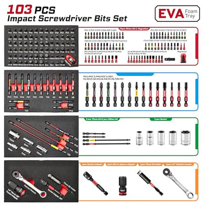 Geinxurn 103PCS Impact Screwdriver Bit Set in 3-Drawer Steel Tool Box – Complete Home Repair Kit with Sockets, Socket Adapter, Bit Holder, Magnetizer/Demagnetizer & Ratchet Wrench
