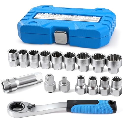 17-Piece Metric Pass Through Socket Set, 10-24 mm, 3/8" & 1/2" | Hollow sockets clear long threaded rods; the 12-point spline profile grips hex, square, star and partly rounded fasteners - size: 17 Pcs