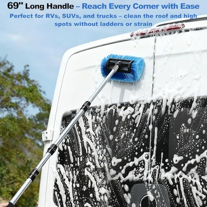 XCBYT Upgraded Car Wash Brush with Long Handle, 69'' Flow-Through RV Wash Brush Kit with Soft Bristle Brush, Chenille Mop, Squeegee & Duster, Adjustable Aluminum Pole Car Cleaning Kit for SUV RV Truck