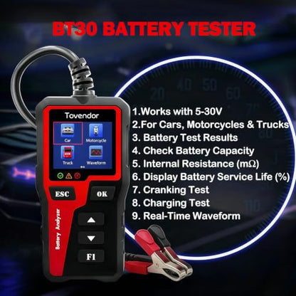 BT30 Car Battery Tester 6V/12V/24V, 100–2000 CCA, Alternator & Starter/Charging System Analyzer, Automotive Load Test, for Car Truck Motorcycle