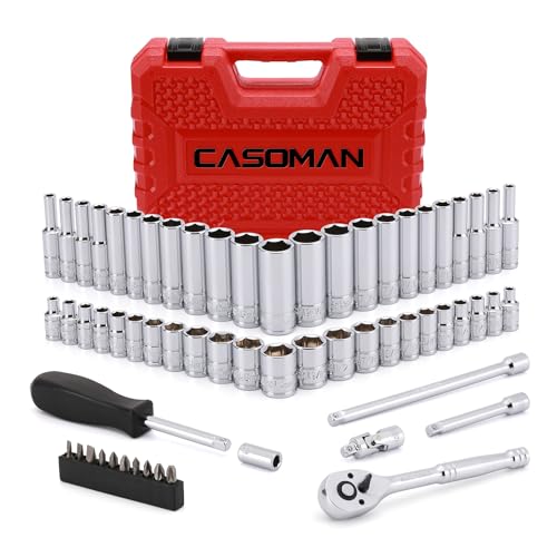 CASOMAN 1/4-Inch Drive Master Socket Set with Ratchets, Adapters, Extensions with 1/4’‘ Dr. Bits Set, Inch/Metric, 6-Point, 5/32-Inch - 9/16-Inch, 4 mm - 14 mm, 62-Piece 1/4" Dr. Socket Set