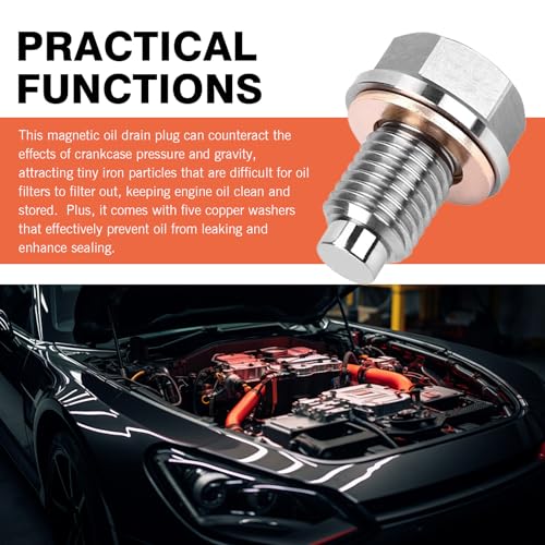 M12 x 1.5 Magnetic Oil Drain Plug, Magnetic Stainless Steel Oil Pan Drain Nut Bolt with 5 PCS Copper Crush Washer Anti Leakage, Universal Leak-proof Replacement,Fits Most Cars, Motorcycles, Boats - size: M12×1.5