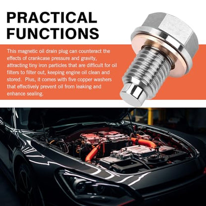 M12 x 1.5 Magnetic Oil Drain Plug, Magnetic Stainless Steel Oil Pan Drain Nut Bolt with 5 PCS Copper Crush Washer Anti Leakage, Universal Leak-proof Replacement,Fits Most Cars, Motorcycles, Boats - size: M12×1.5